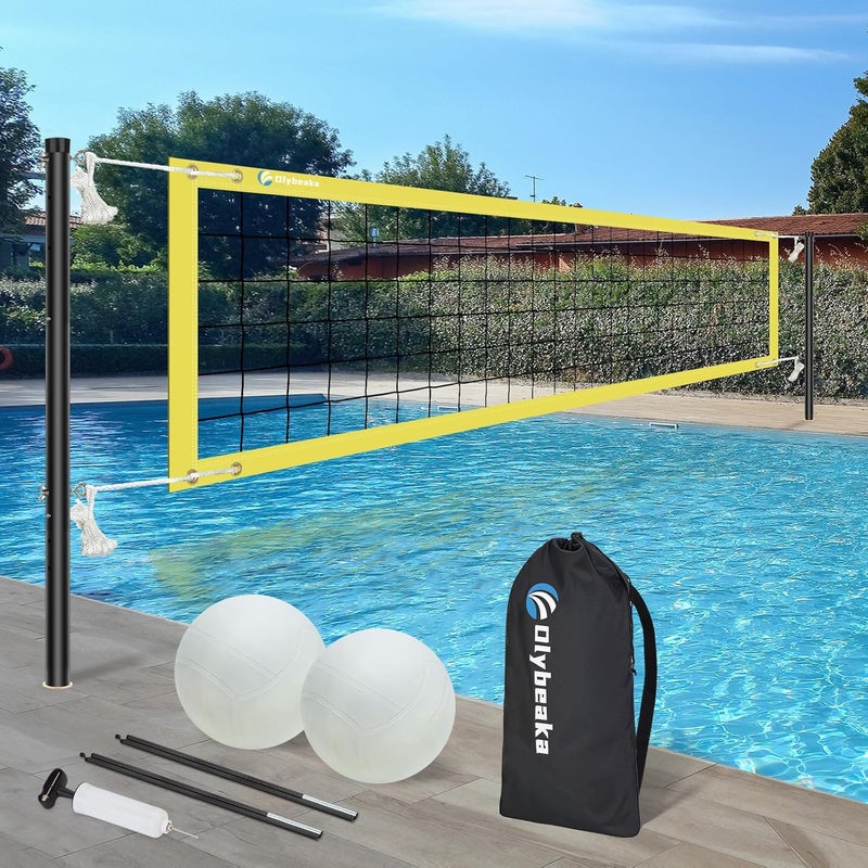 Olybeaka Base Free Pool Volleyball Net Set with 15-26 ft Length Adjustable, 3 Heights Adjustable Outdoor Volleyball Set for Pool with 2 Volleyballs and Carry Bag - Image 1